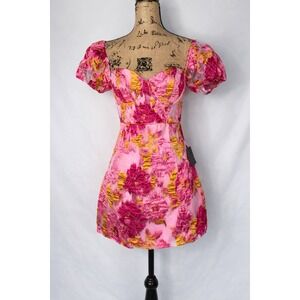 Lulus Pink Floral Mini Dress Women's Small Puff Sleeve Sweetheart NWT